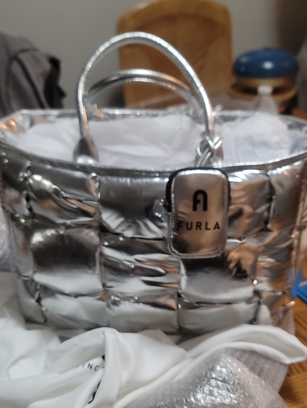 Furla Metallic Silver Quilted Tote ✨ BRAND NEW / NEVER USED ✨Selling an authenti